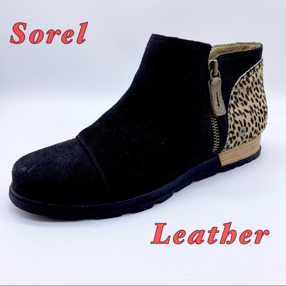 Sorel-Black Leather & Cheetah heel Ankle bootie 10